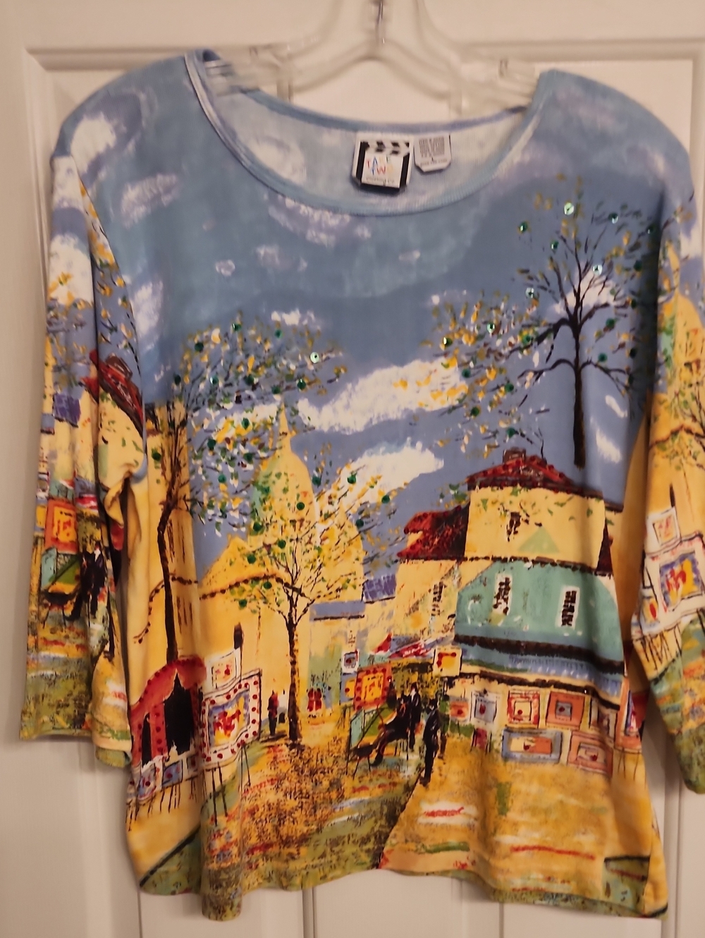 Women's 3/4 Sleeve Village Print Top in Light Blue & Yellow